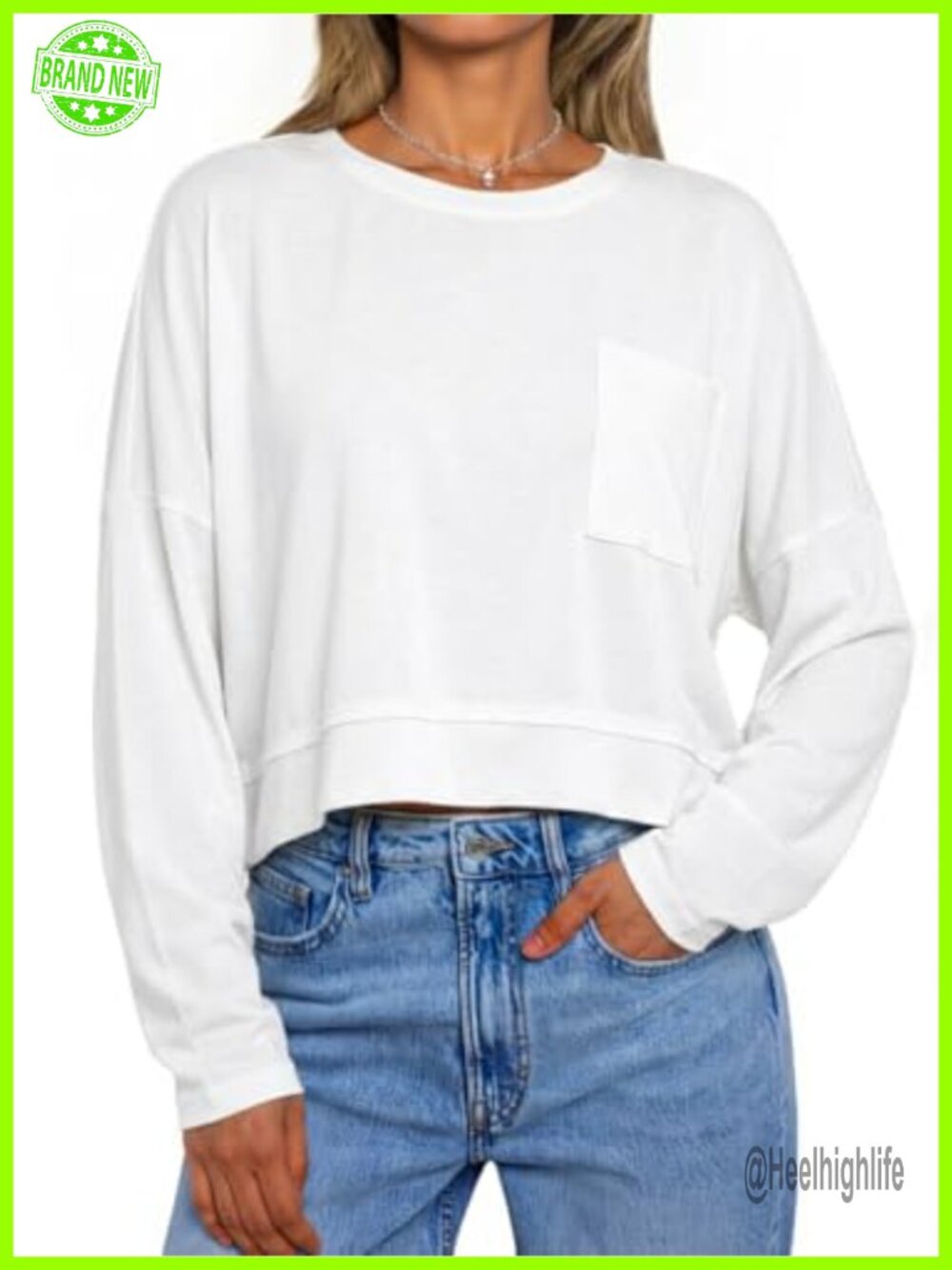 Womens Cropped Long Sleeve Boxy Tee Loose Fit Crew Neck Top
